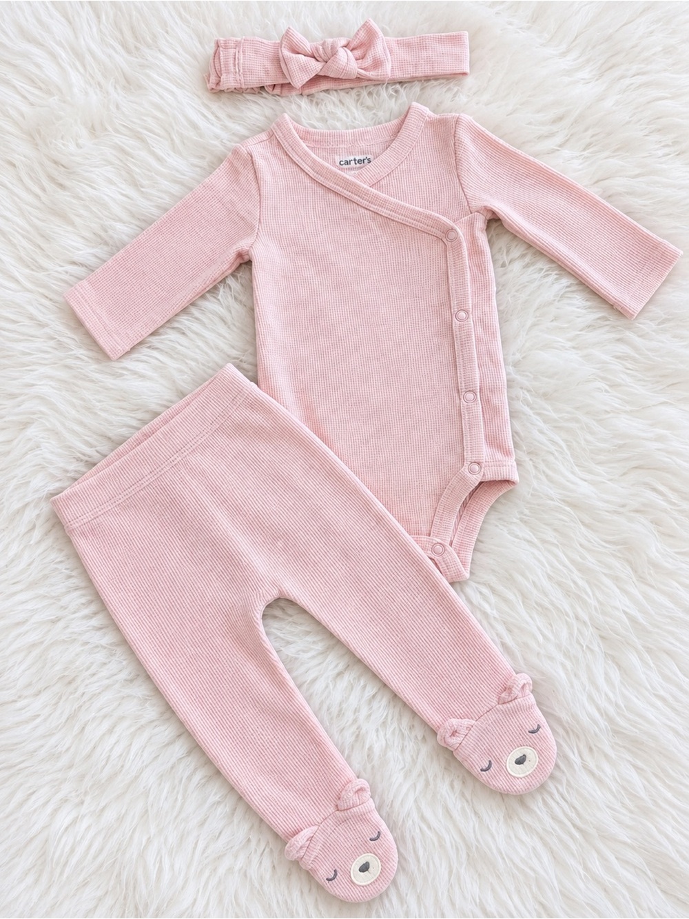 Carter's Light Pink Ribbed Bodysuit, Footed Pants & Headband Set